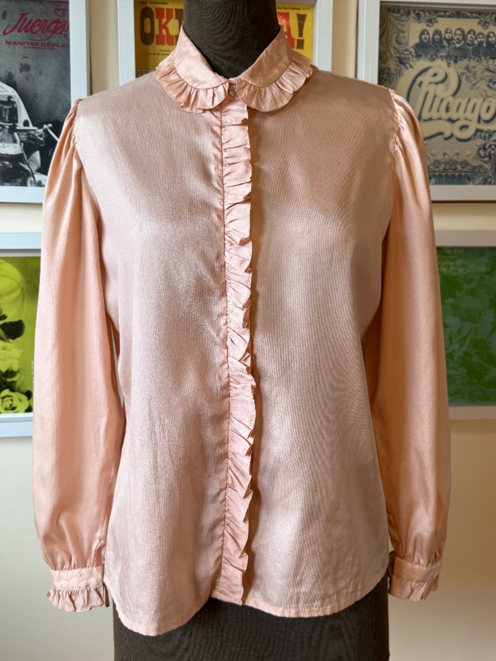 Vintage Blush Pink Satin Ruffle Blouse | Peter Pan Collar | Romantic Cottagecore